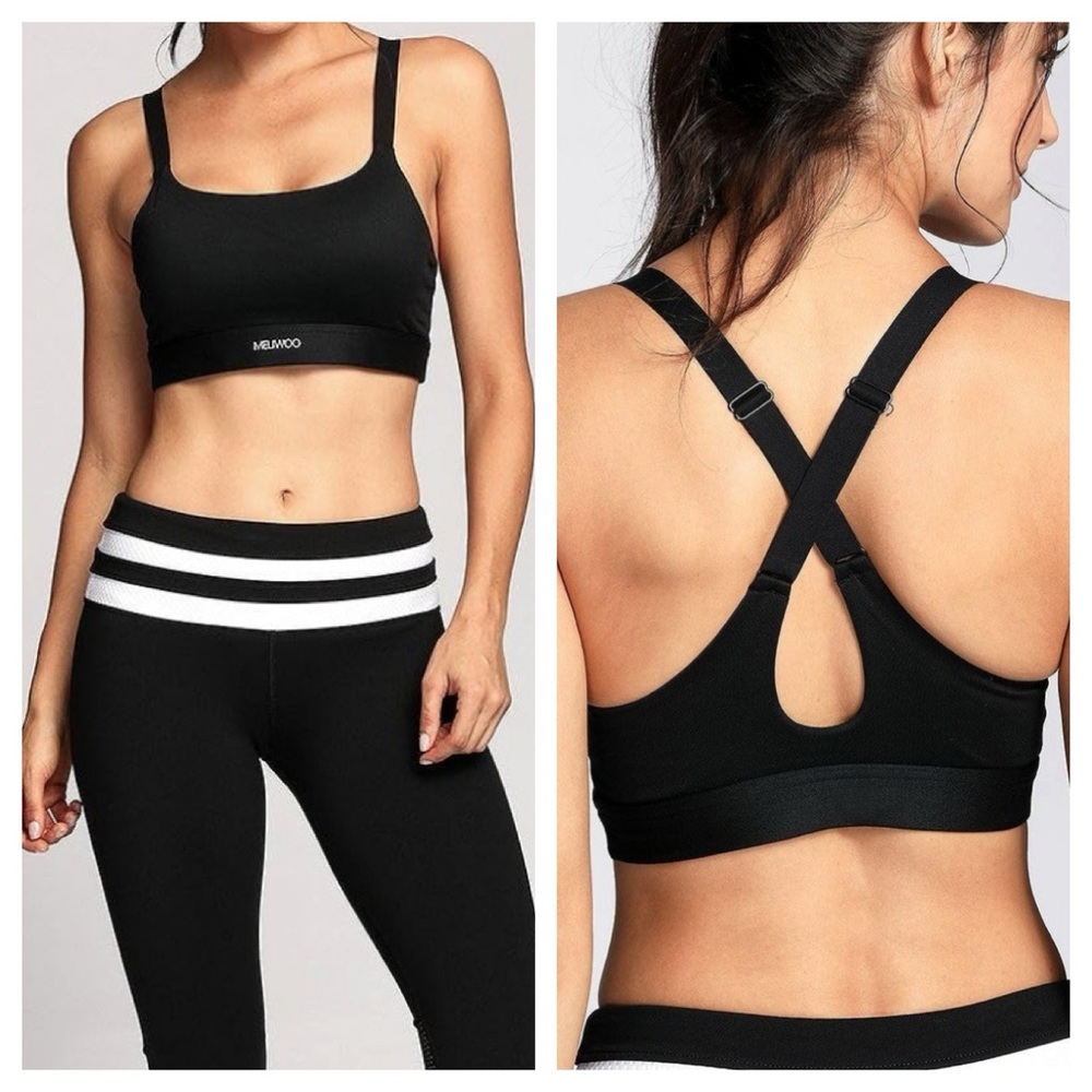 Meliwoo Mid Impact Support Cross-Back Workout Fashion Sports Bra Top Black Large